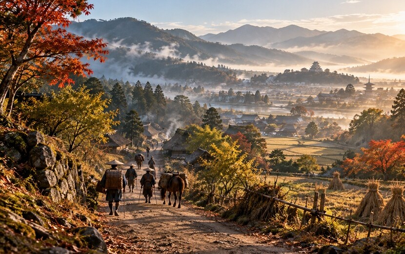 戦国時代から江戸時代への移り変わりを表現した日本の街道風景