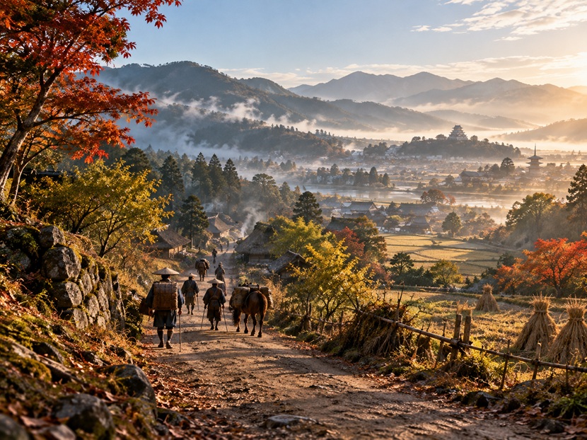 戦国時代から江戸時代への移り変わりを表現した日本の街道風景