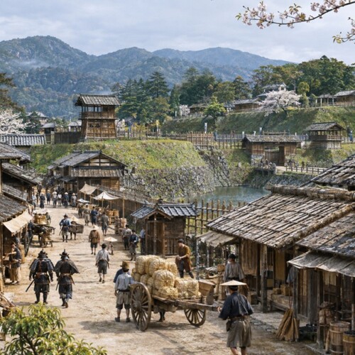 1590年の小田原攻め直前の城下町と小田原城を再現した歴史風景