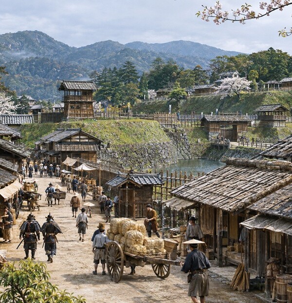 1590年の小田原攻め直前の城下町と小田原城を再現した歴史風景