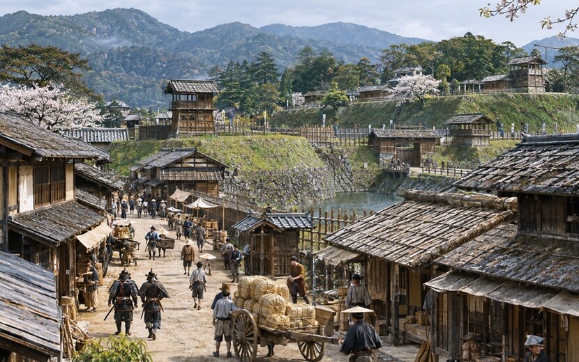 1590年の小田原攻め直前の城下町と小田原城を再現した歴史風景