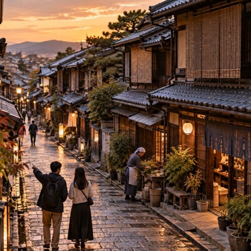 京都の町家が並ぶ路地とそこで暮らす人々の風景