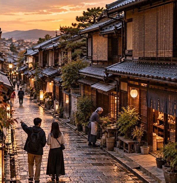 京都の町家が並ぶ路地とそこで暮らす人々の風景