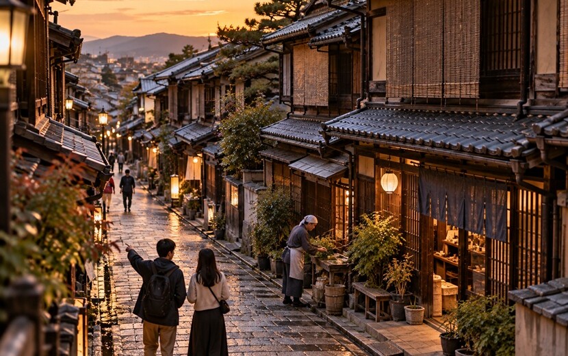 京都の町家が並ぶ路地とそこで暮らす人々の風景
