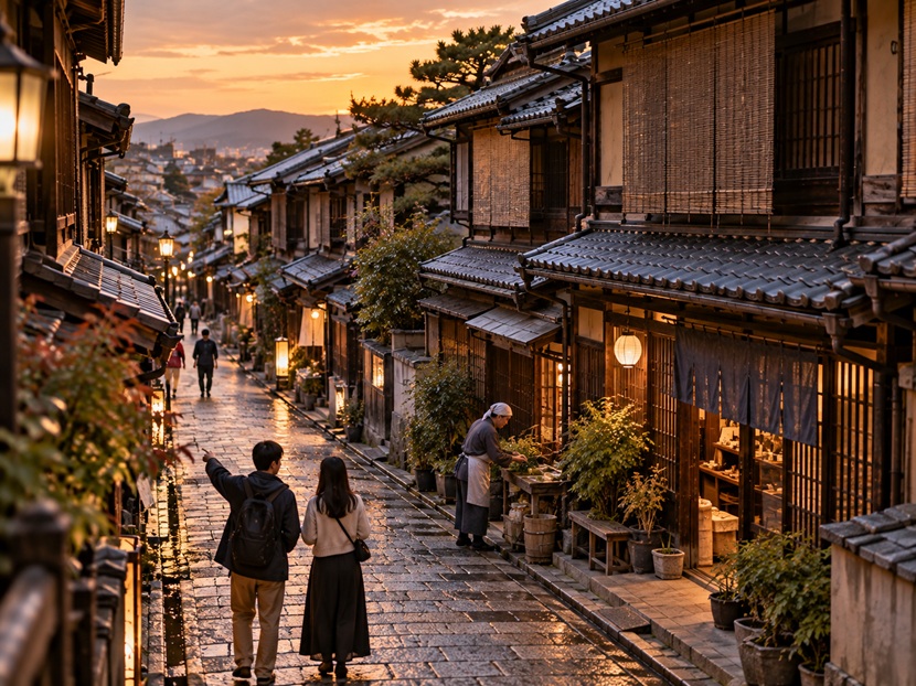 京都の町家が並ぶ路地とそこで暮らす人々の風景