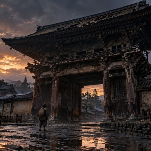 薄暗い空の下にそびえる荒廃した羅生門と上を見上げる人物