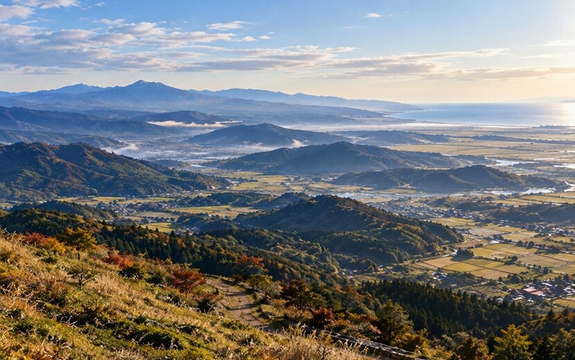 伊達政宗が勢力を広げた南奥州の山並みと盆地をイメージした風景