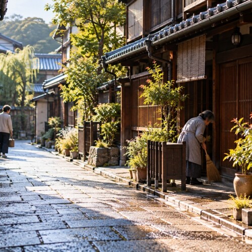 京都の路地で朝の挨拶を交わす地域の人々