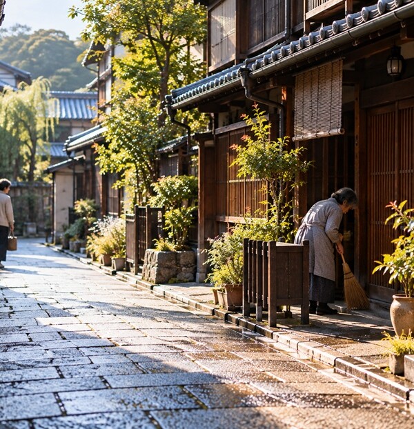京都の路地で朝の挨拶を交わす地域の人々
