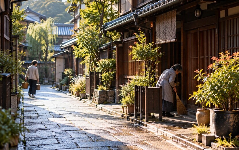 京都の路地で朝の挨拶を交わす地域の人々