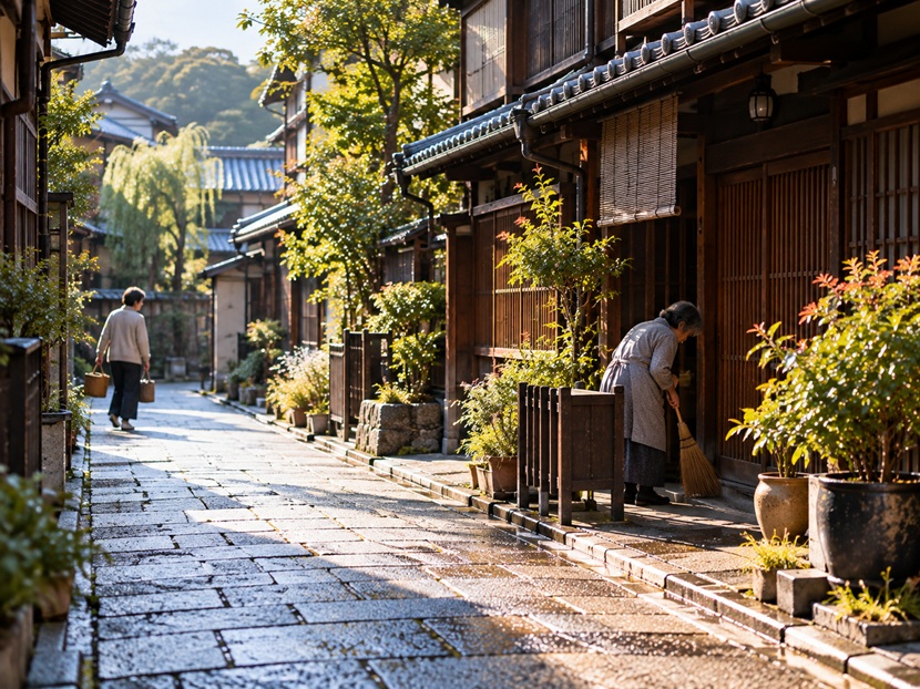 京都の路地で朝の挨拶を交わす地域の人々