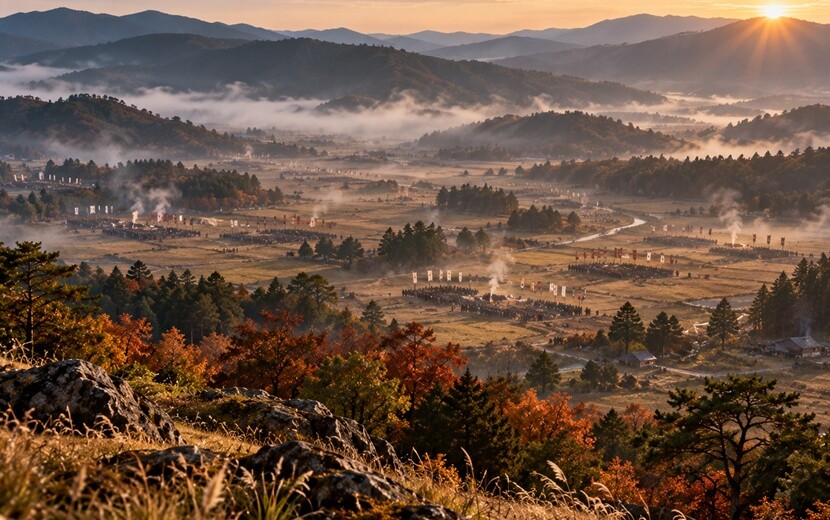 1600年の関ヶ原の戦いをイメージした山間の盆地と集結する軍勢