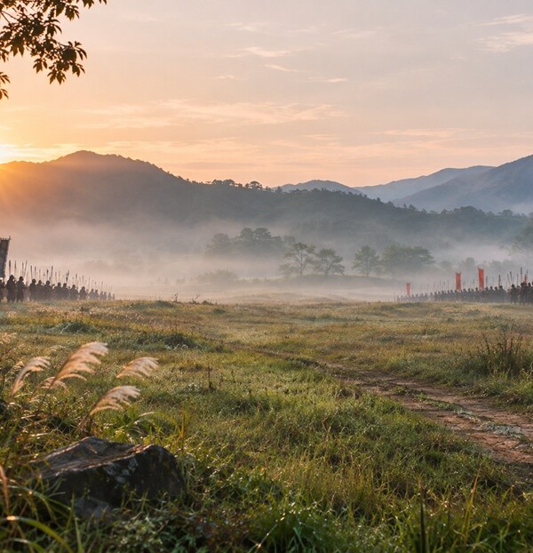 1600年の関ヶ原の戦いをイメージした戦国時代の合戦風景。山々に囲まれた平野に東軍と西軍の軍勢が向かい合う。