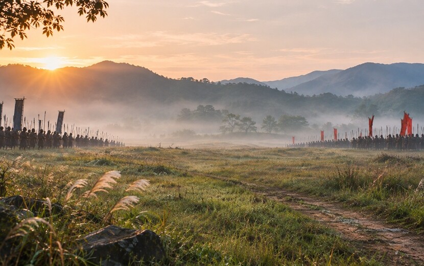 1600年の関ヶ原の戦いをイメージした戦国時代の合戦風景。山々に囲まれた平野に東軍と西軍の軍勢が向かい合う。