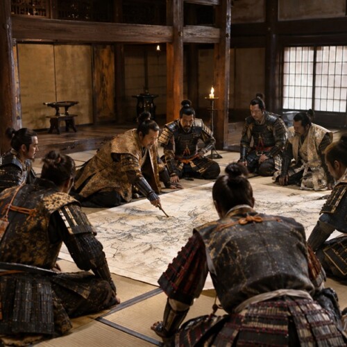 関ヶ原の戦いを前に軍議を開く戦国武将たちと城内の広間