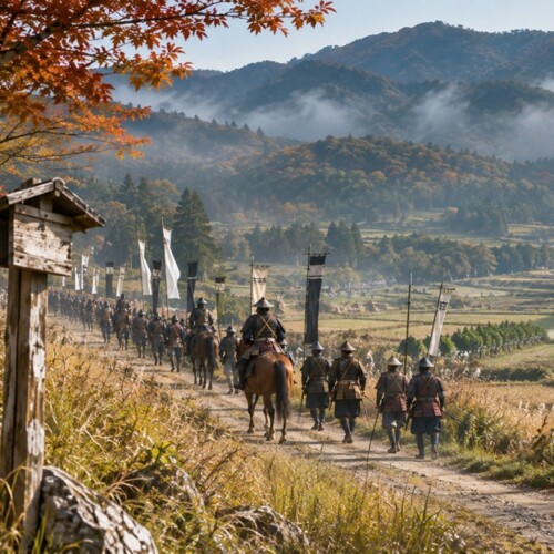 関ヶ原の戦いで徳川家康が勝利した背景をイメージした東軍の進軍風景