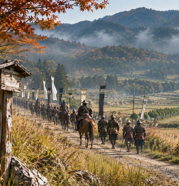 関ヶ原の戦いで徳川家康が勝利した背景をイメージした東軍の進軍風景