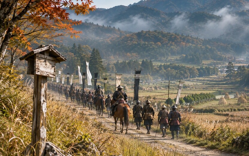 関ヶ原の戦いで徳川家康が勝利した背景をイメージした東軍の進軍風景