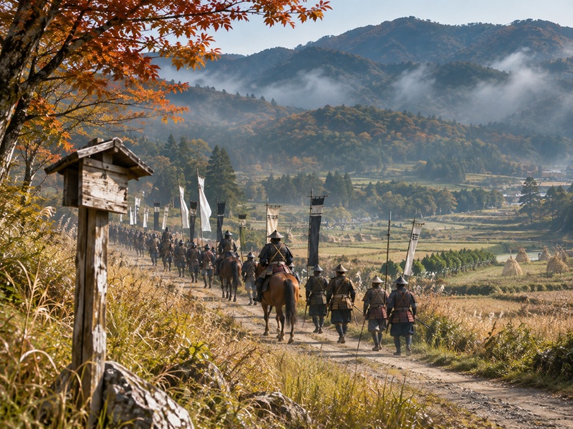 関ヶ原の戦いで徳川家康が勝利した背景をイメージした東軍の進軍風景