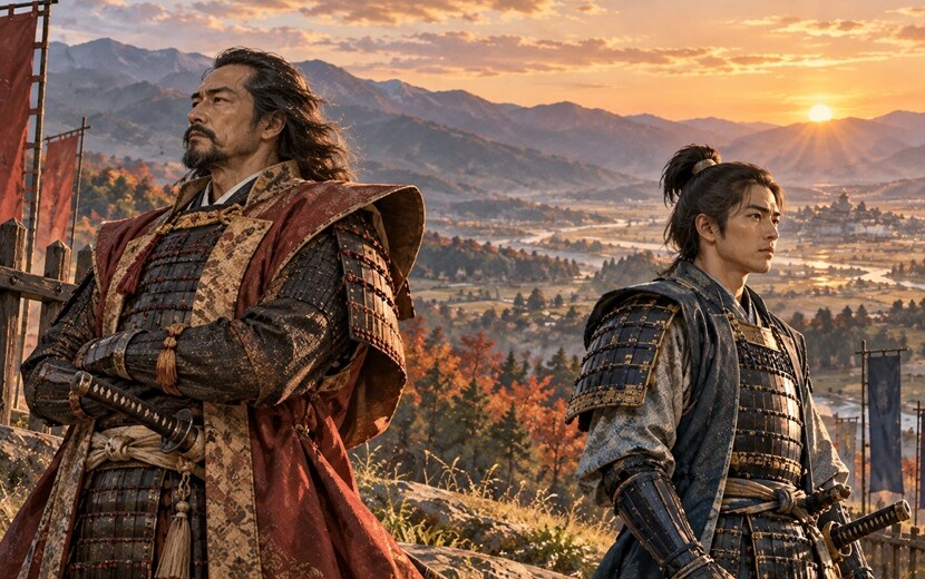 武田信玄と徳川家康をイメージした二人の戦国武将と甲斐・遠江の風景