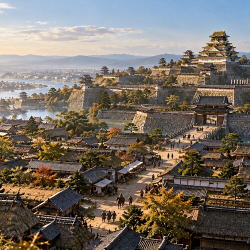 豊臣秀吉の天下統一が進んだ1590年ごろの大坂城と城下町を想像した風景