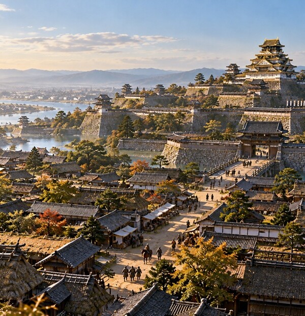 豊臣秀吉の天下統一が進んだ1590年ごろの大坂城と城下町を想像した風景