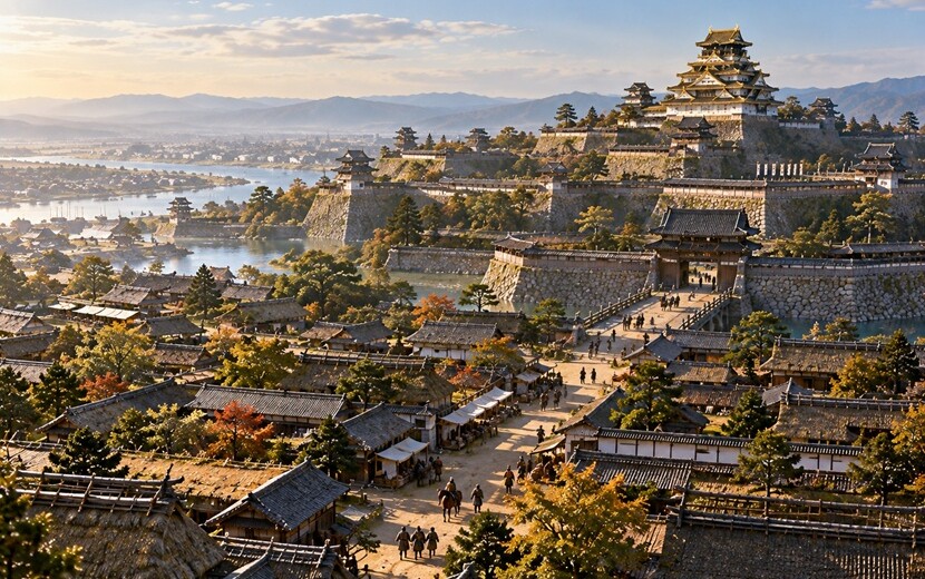 豊臣秀吉の天下統一が進んだ1590年ごろの大坂城と城下町を想像した風景