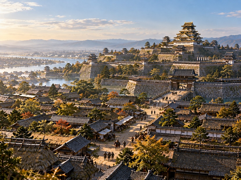 豊臣秀吉の天下統一が進んだ1590年ごろの大坂城と城下町を想像した風景