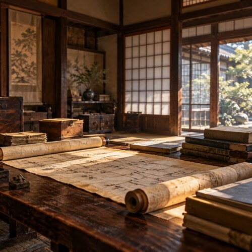 古い巻物と現代の家族史の本が並ぶ書斎の風景