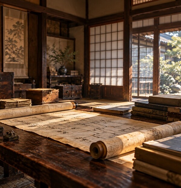 古い巻物と現代の家族史の本が並ぶ書斎の風景