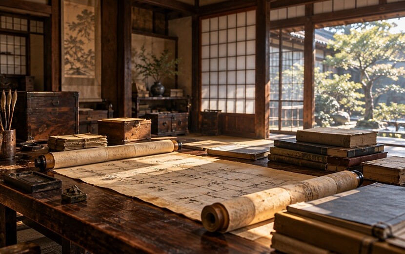 古い巻物と現代の家族史の本が並ぶ書斎の風景