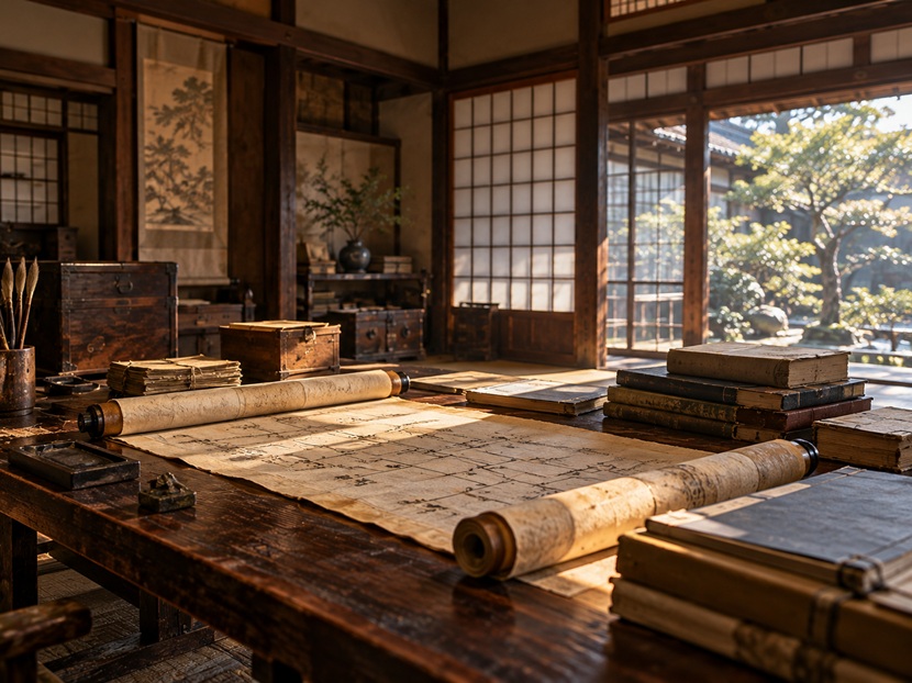 古い巻物と現代の家族史の本が並ぶ書斎の風景