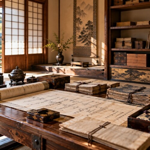 前田利家から現在まで続く加賀前田家の家系図をイメージした古文書と巻物