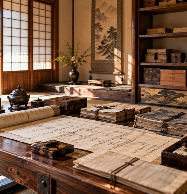 前田利家から現在まで続く加賀前田家の家系図をイメージした古文書と巻物