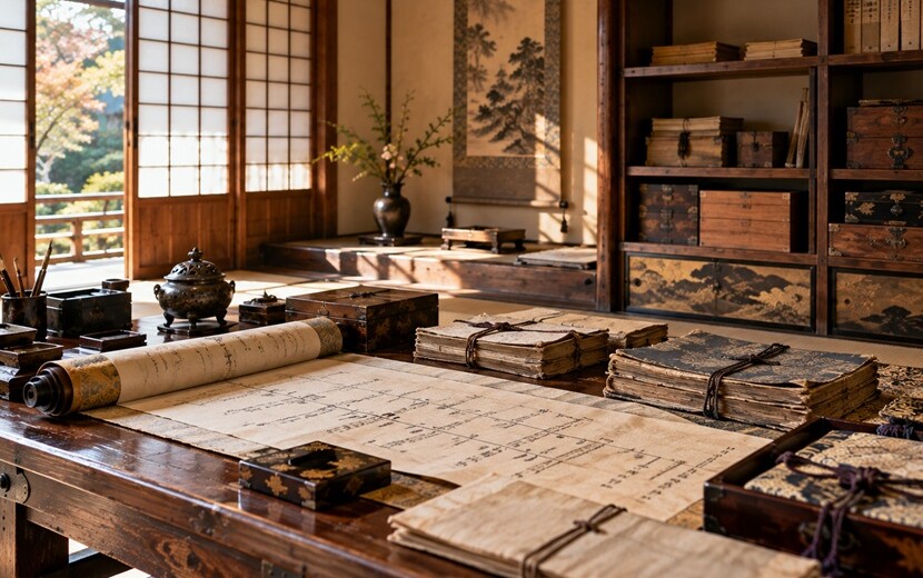 前田利家から現在まで続く加賀前田家の家系図をイメージした古文書と巻物