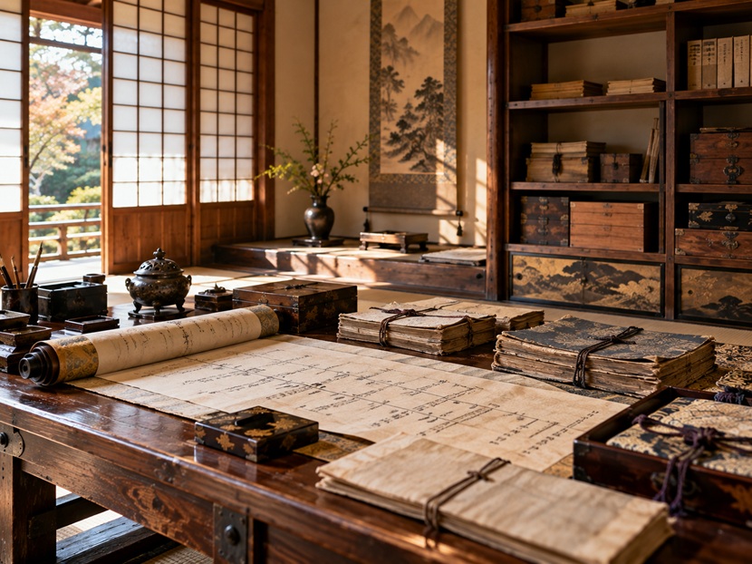 前田利家から現在まで続く加賀前田家の家系図をイメージした古文書と巻物