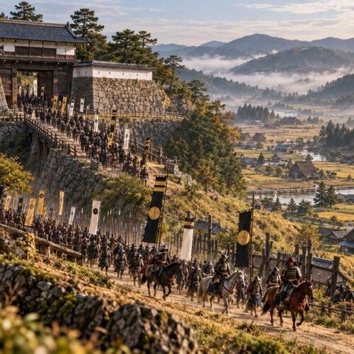 戦国時代の城門から出陣する徳川家康の家臣団と武士たち