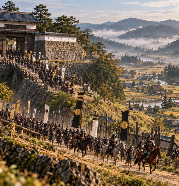 戦国時代の城門から出陣する徳川家康の家臣団と武士たち