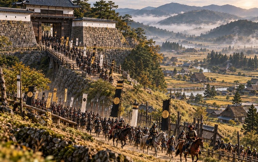 戦国時代の城門から出陣する徳川家康の家臣団と武士たち
