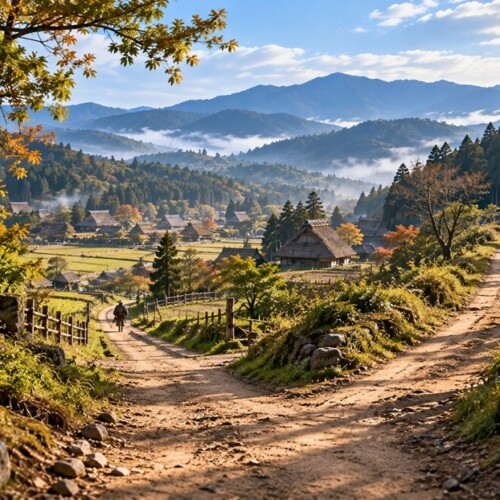 中世の関東をイメージした古い街道と山間の風景