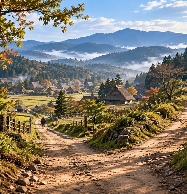 中世の関東をイメージした古い街道と山間の風景