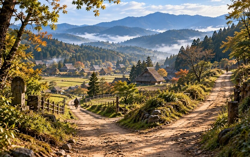 中世の関東をイメージした古い街道と山間の風景