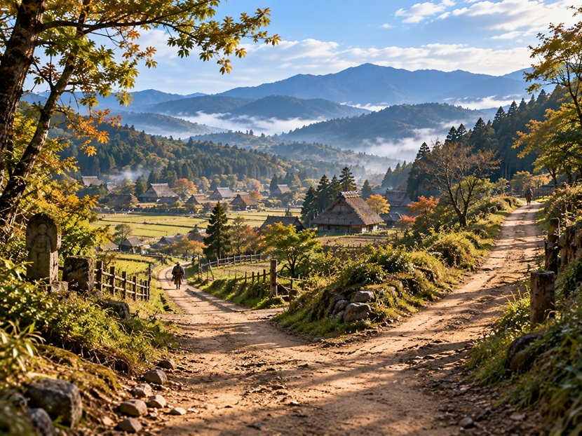 中世の関東をイメージした古い街道と山間の風景