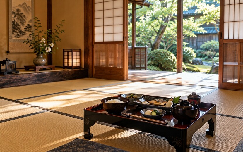 畳の上に用意された昔の日本の一人用の食事膳と漆器