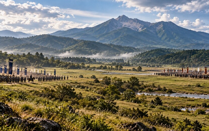 1589年の摺上原の戦いをイメージした磐梯山麓の平原と遠方の伊達軍・蘆名軍