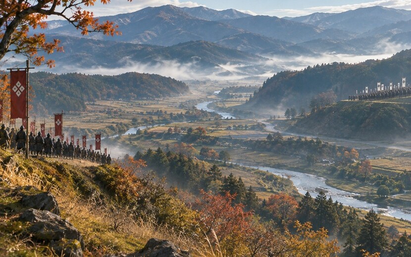 戦国時代の北信濃で川を挟んで向き合う武田軍と上杉軍の遠景