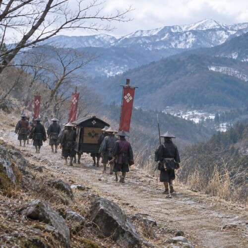 武田信玄が病を抱え甲斐へ戻る途中の山道を進む武田軍のイメージ