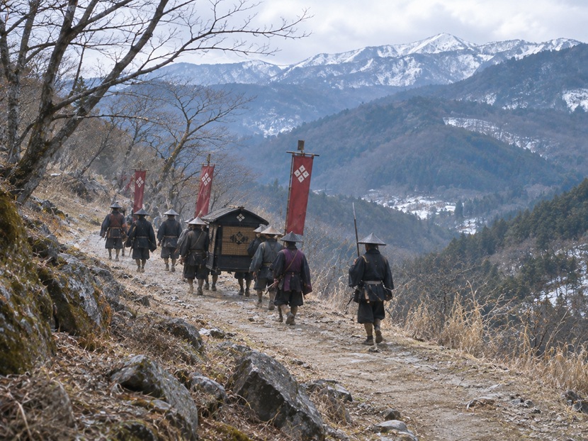 武田信玄が病を抱え甲斐へ戻る途中の山道を進む武田軍のイメージ