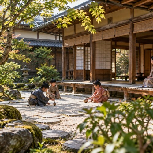 戦国時代の武家屋敷の庭で遊ぶ子供たちと縁側から見守る女性