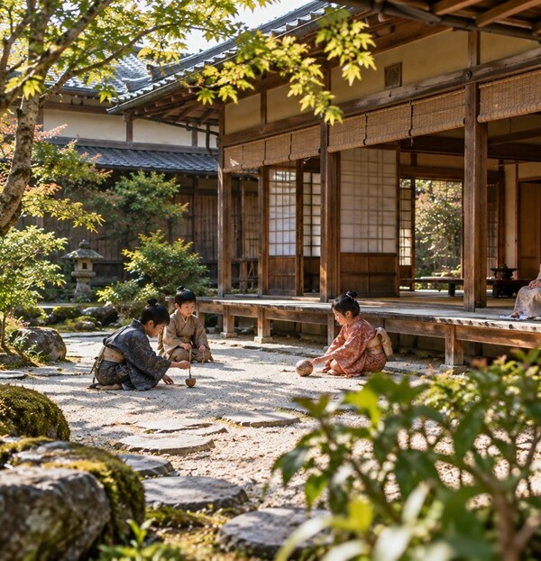 戦国時代の武家屋敷の庭で遊ぶ子供たちと縁側から見守る女性